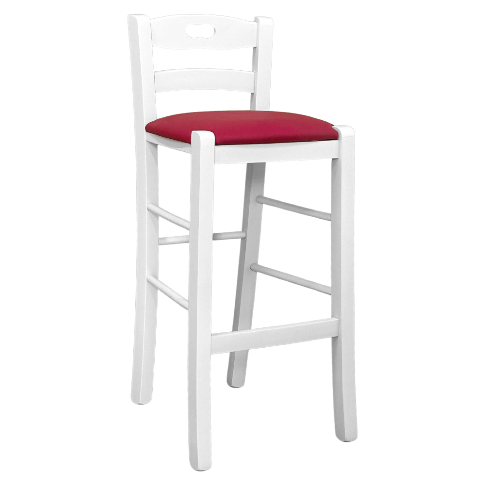 Sgabello legno bianco con foro nello schienale h66 seduta ecopelle rosso.