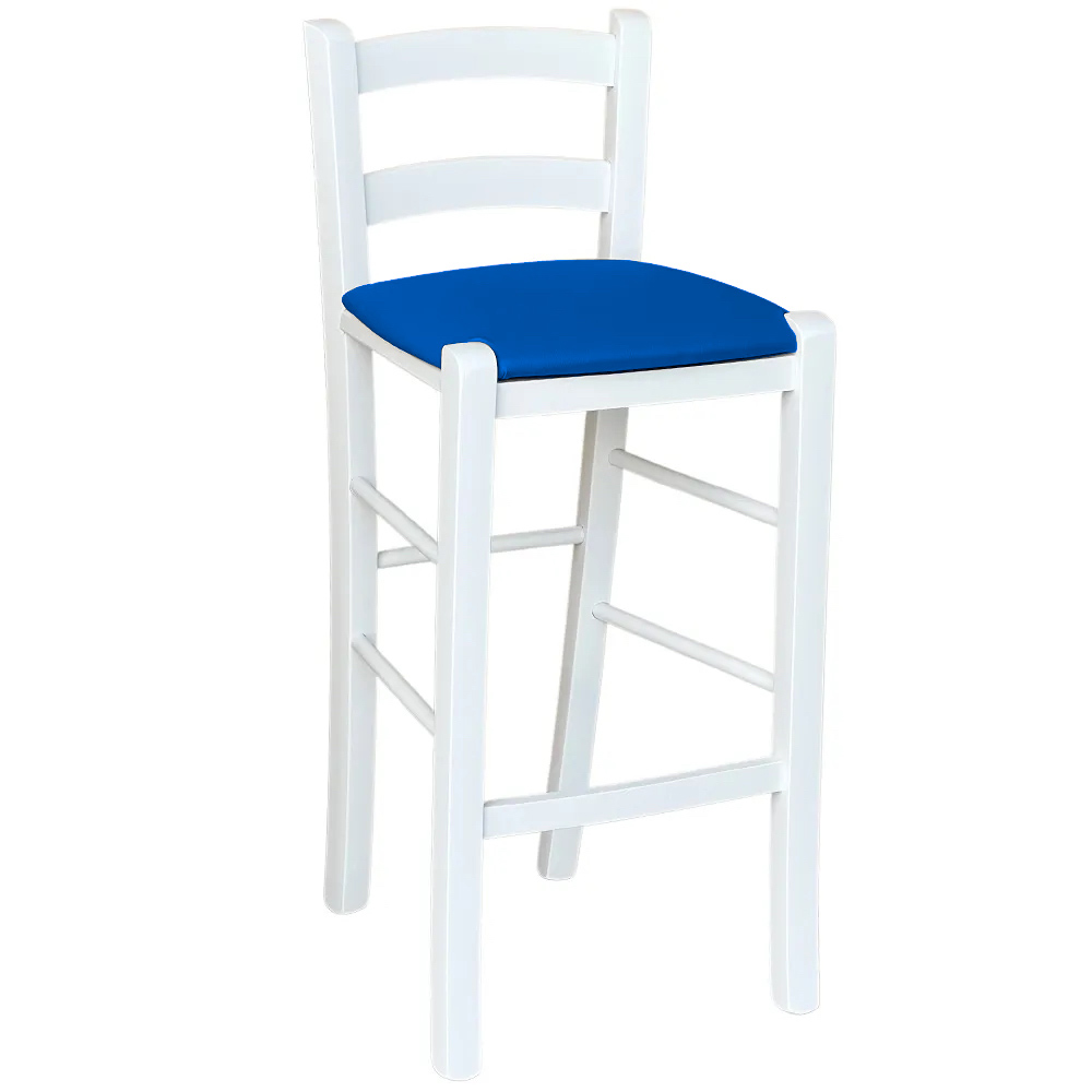 Sgabello legno bianco sedile in similpelle blu h 67 cm da terra alla seduta	.